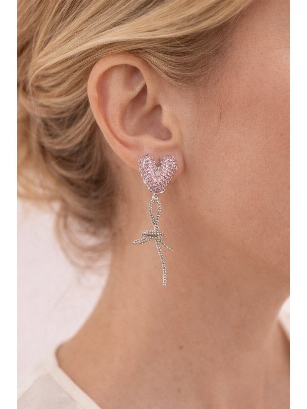 Designer Hefang Pink Crystal Heart & Bow Drop Clip Earrings Romantic Statement
